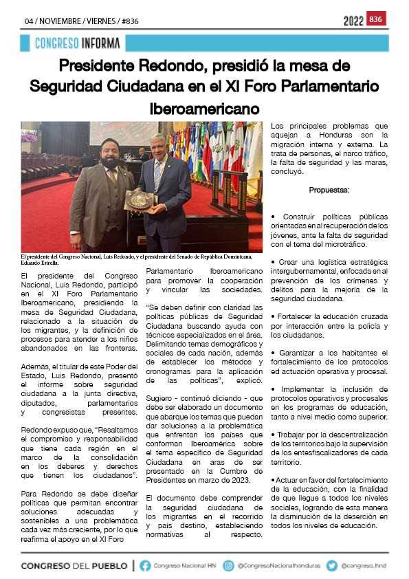Presidente Redondo, presidió la mesa de Seguridad Ciudadana en el XI Foro Parlamentario Iberoamericano